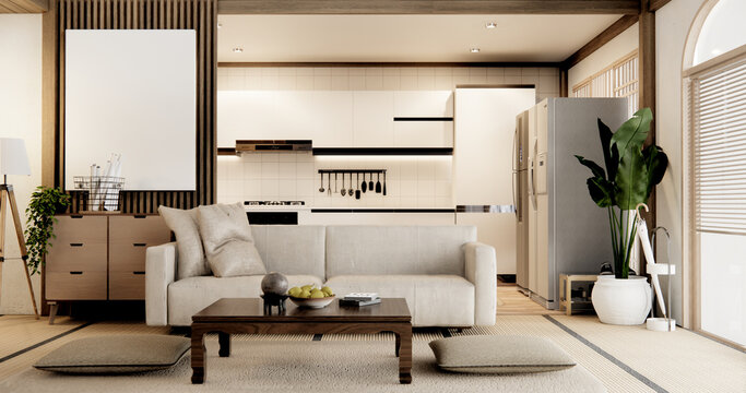 Mockup Muji kitchen room japanese style minimal interior.3D rendering