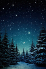 Naklejka premium Christmas card. Snowy forest and starry sky