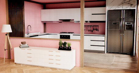 Obraz na płótnie Canvas Mockup Pink Muji kitchen room japanese style minimal interior.