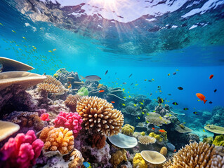 A lively and colorful coral reef filled with an abundance of diverse marine species.