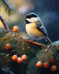 Little tit on the branches of a Christmas tree on a greeting card