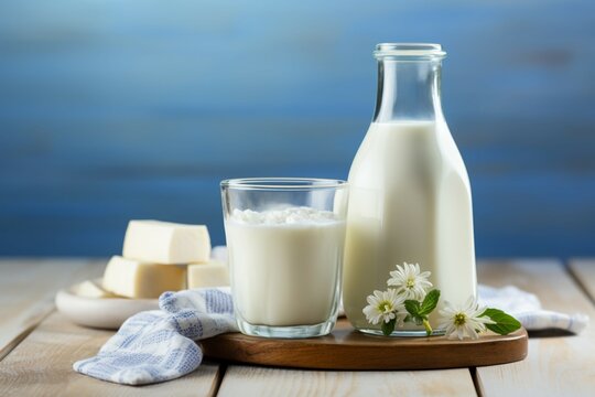 Nutritious milk items atop white table against blue; dairy delights