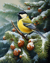 Little tit on fir branches on a New Year's card
