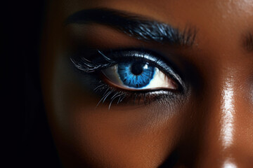 Extreme close up of a African american woman with striking blue eyes and pouty lips. Interplay of light and shadow - obrazy, fototapety, plakaty