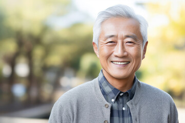 Senior asian man with gray hair smiling at the camera outdoors - obrazy, fototapety, plakaty