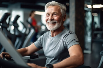An elderly tightened man in the gym leads a healthy lifestyle - obrazy, fototapety, plakaty