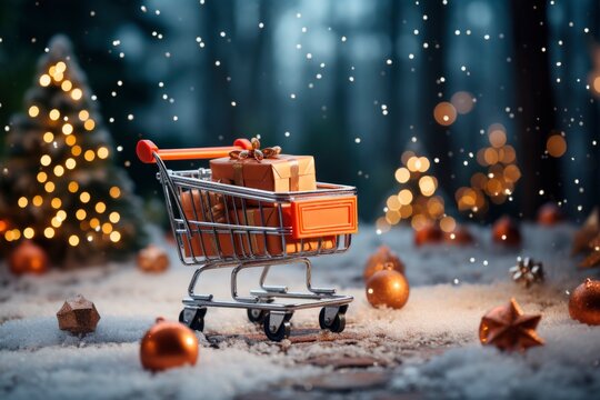 Tis the season of giving. A jolly shopping cart brimming with Christmas gifts awaits at the store.