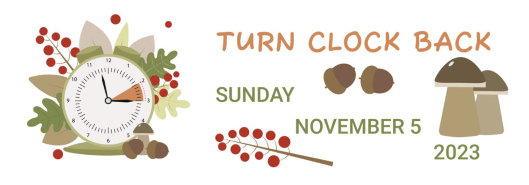 Сhange clock to one hour back vector illustration, banner.  Clocks turning an hour back. Daylight Saving Time ends concept. 2023, November 5, Sunday.