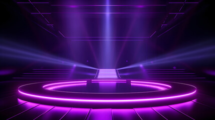 Vibrant Abstract Purple Neon Light Stage with Spotlight in the Dark