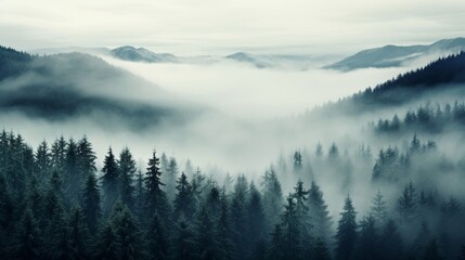 A dense fog enveloping a pine forest, creating an ethereal atmosphere.