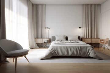 Contemporary bedroom with cozy armchair and bed, computer-generated rendering. Generative AI