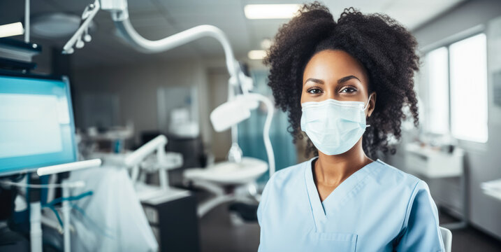 Young African American Woman Working As Dentist, Female In Face Mask Posing At Her Office Or Clinic. Generative AI