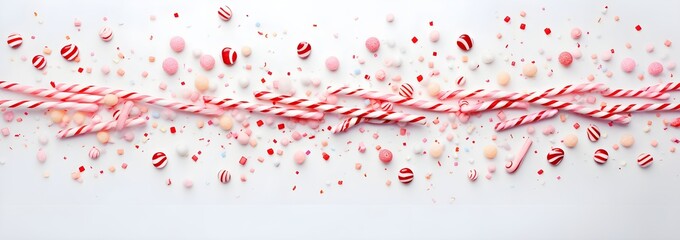 White and red shiny Christmas candy canes, minimal flat lay pattern background. - obrazy, fototapety, plakaty