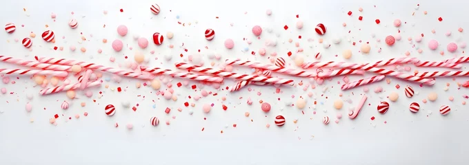 Fotobehang White and red shiny Christmas candy canes, minimal flat lay pattern background. © Premium_art