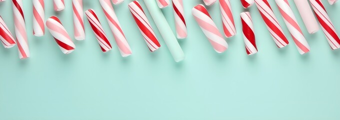 White and red shiny Christmas candy canes, minimal flat lay pattern background. - obrazy, fototapety, plakaty