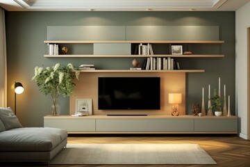 Modern minimalist living  room with tv set with design in natural natural colors