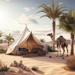  A desert oasis outside with a camel and a tent
