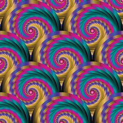 Fototapeta na wymiar Colorful gradient spiral circles, fractals, swirls, waves, 3d buttons seamless pattern. Ornamental swirl mandalas modern vector background. Spirals ornaments. Endless ornate vibrant surface texture