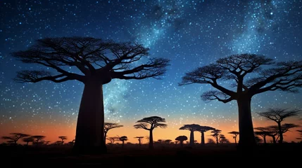 Fototapeten A grove of ancient baobab trees silhouetted against a starlit sky. © Rafay Arts