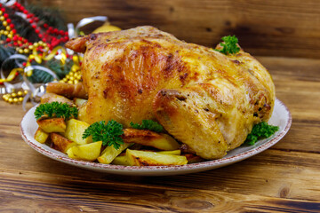 Baked whole chicken with potato and Christmas decorations on a wooden table