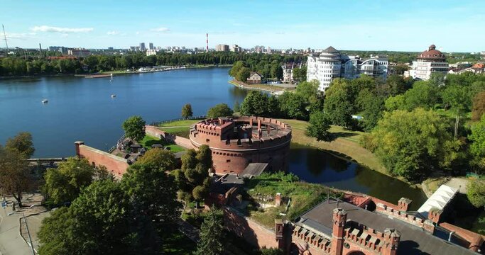 Buildings of the Amber Museum in Kaliningrad, aerial shot. Famous Tower of the Don in a fortification in the center of Kaliningrad, drone view