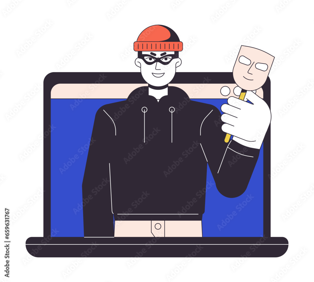Poster phishing cybercrime flat line concept vector spot illustration. cyberattack on personal data and ide
