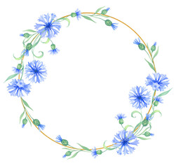 Golden wreath, round frame with cornflower flowers . watercolor illustration with branch blue flowers