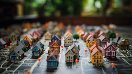 Miniature houses on a map