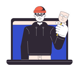 Phishing cybercrime flat line concept vector spot illustration. Cyberattack on personal data and identity 2D cartoon outline character on white for web UI design. Editable isolated color hero image