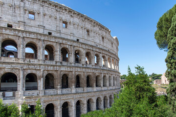 Fototapeta premium Close up of part of the Colosseum in Rome, Italy, an elliptical amphitheatre in the centre just east of the Roman Forum