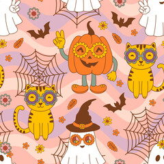 seamless pattern with  funny pumpkin, ghost, cat - 659631797