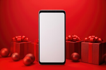 Christmas and new year concept. mobile phone mockup on red background. christmas tree with white christmas gift boxes sale.