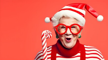 An elderly lady with a candy cane in Christmas costume. Funny concept.