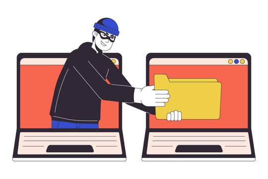 Thief stealing data from laptop flat line concept vector spot illustration. Phishing attack. 2D cartoon outline character on white for web UI design. Cybercrime editable isolated color hero image