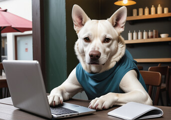 a smart dog working on laptop in cafe. student dog work on computer laptop at table in a bar or library