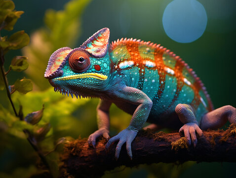 A color-changing chameleon captivates with its whimsical and vibrant transformation in this lively image.