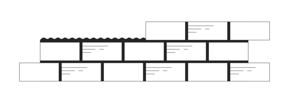 Unfinished bricks wall black and white 2D line cartoon object. Masonry wall construction isolated vector outline item. Reconstruction. New homebuilding site monochromatic flat spot illustration