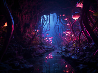 Fototapeta na wymiar alien tunnel in an unknown planet, bioluminescent plants lining the walls, glowing in vibrant hues