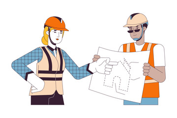 Obraz na płótnie Canvas Diverse contractors discussing blueprint 2D linear cartoon characters. Building supervisor, construction worker isolated line vector people white background. Builders color flat spot illustration