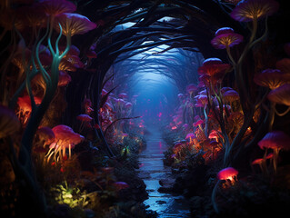 alien tunnel in an unknown planet, bioluminescent plants lining the walls, glowing in vibrant hues