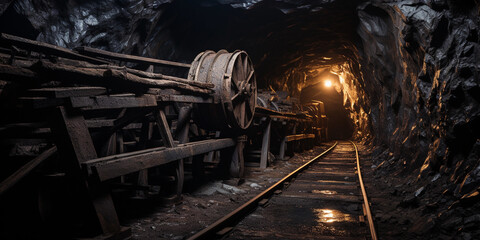 Naklejka premium mining tunnel, shored up with timber, abandoned mining equipment scattered