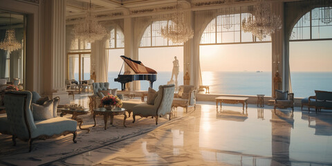Naklejka premium Five - star luxury hotel suite, marble flooring, grand chandelier, elegant draperies, overlooking an ocean, late afternoon