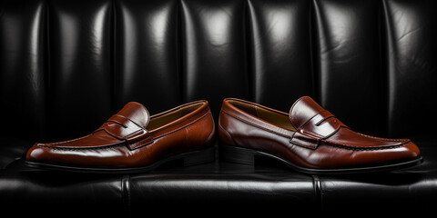 a set of formal men&rsquo;s loafers, brown leather, side - by - side on a dark leather couch