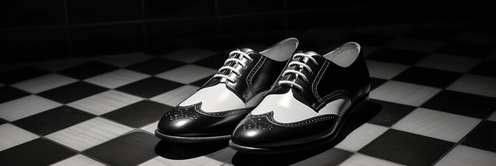 pair of classic black and white saddle shoes, placed on a vintage tiled floor