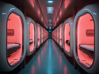 Urban capsule hotel, minimalist design, ambient neon lighting, individual pods, Tokyo aesthetic