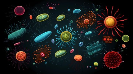 Bacteria in different shapes and colors, microorganism illustrations - obrazy, fototapety, plakaty