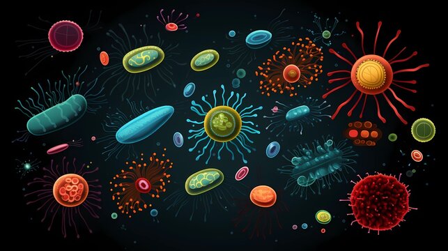 Bacteria in different shapes and colors, microorganism illustrations