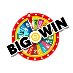 Big win symbol with fortune wheel isolated on white background - vector