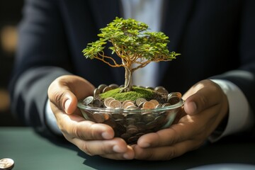 Wealth cultivating nature A tree thrives on a coin in the businessman's hands
