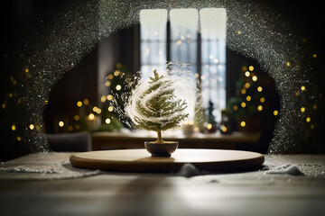 Concept of a decorative Christmas tree with a swirl of snow around it stands on a table against a festive blurred background.